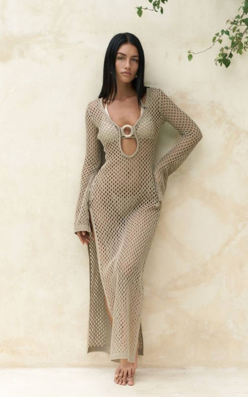 GAUN KNITTED CROCHET COVER-UP DRESS – KHAKI
