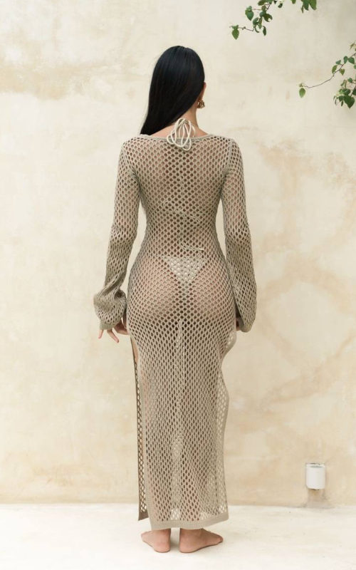 GAUN KNITTED CROCHET COVER-UP DRESS – KHAKI